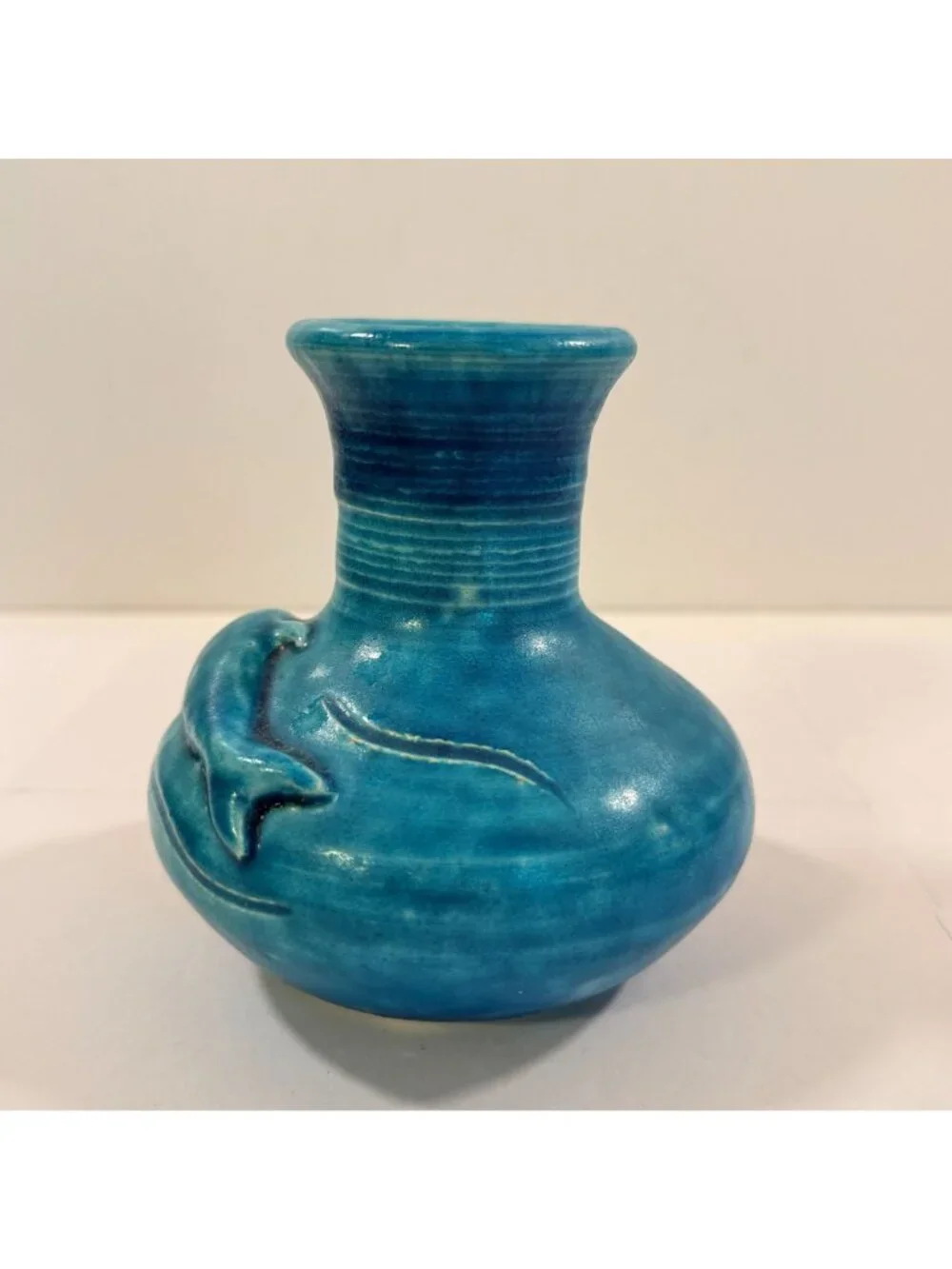 Vintage Dolphin Lagoon Ocean Blue Vase Handmade Studio Pottery 4 1/2